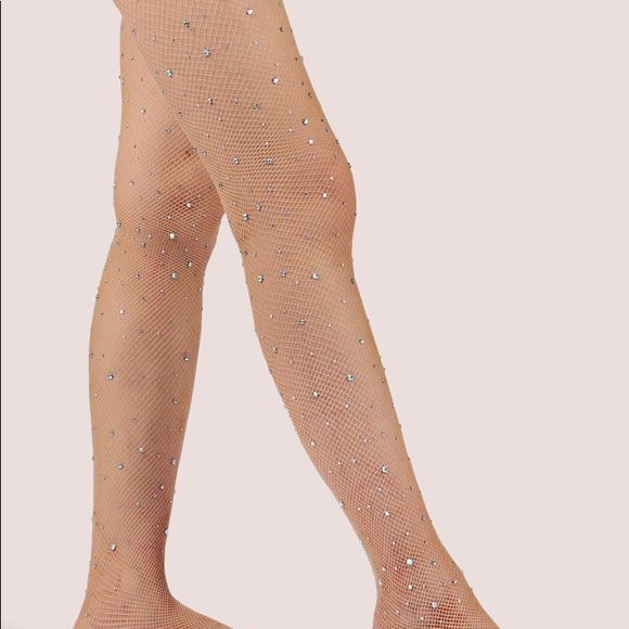New Rhinestone Fishnet Tights Pantyhose TAN BLACK - Picture 2 of 12